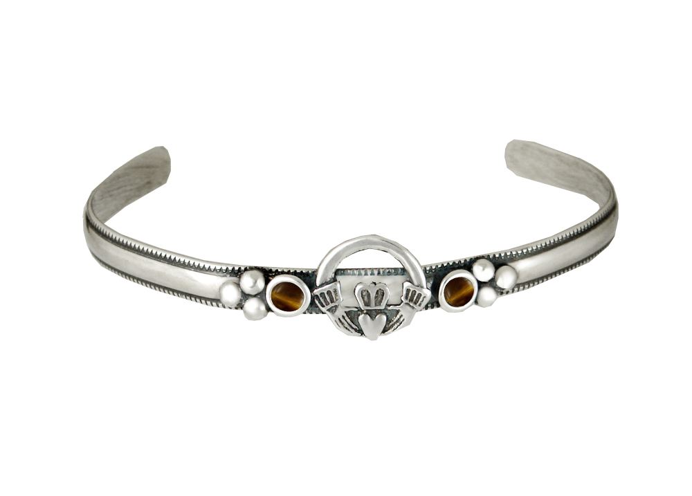 Sterling Silver Claddagh Cuff Bracelet With Tiger Eye